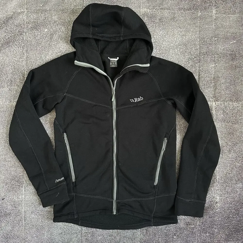 Men's RAB Black Gray Full Zip Up Power Stretch Pro Hoody Hooded Coat Jacket Sz L